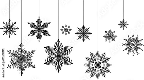 Decorative hanging snowflake ornaments collection with intricate winter holiday snowflakes for Christmas decoration, festive design elements and seasonal vector illustration