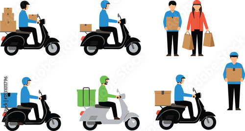 Delivery riders on scooters carrying packages and food boxes with courier workers holding parcels and bags for shipping and transportation service.