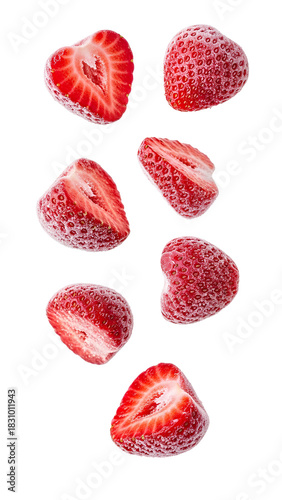 Mixed Frozen Whole and Sliced Strawberries PNG. Falling red berries and cut halves with frost texture. Icy fruit ingredient for milkshake, yogurt, and summer drink advertising isolated