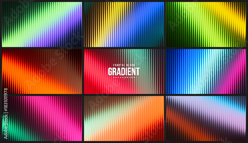 Vibrant collection of fractal glass two colors gradient backgrounds. Set of intense bright dual color gradients flowing through ribbed glass for modern visual design and creative digital applications
