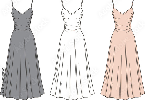 Spaghetti strap dress sketch, flared skirt, bust drape detail, color variations, fashion flat, cad drawing flat vector illustration