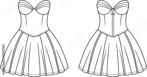Strapless sweetheart dress sketch, paneled flared skirt and structured bodice detail, front and back view, vector illustration