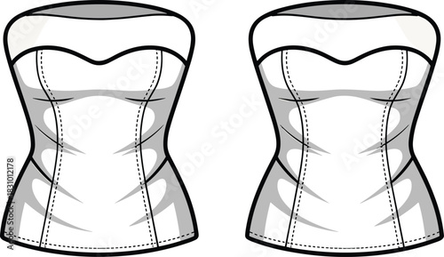 Strapless corset-style top sketch, sweetheart neckline fashion view, structured seam detail, cad drawing flat vector illustration