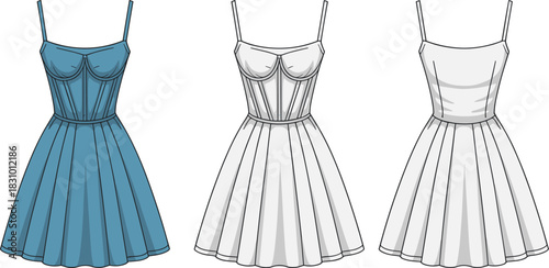 Three-stage dress fashion sketch, rendered, technical, and outline styles, fitted bodice, cad drawing flat vector illustration