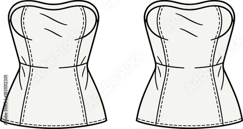 Strapless princess-seam bodice top sketch, sweetheart neckline fashion view, contour seam detail, cad drawing flat vector illustration