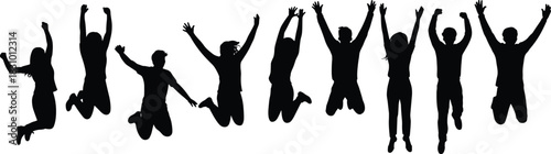 Jumping silhouette group, celebration motion set, black vector people, energetic pose design, joyful gesture illustration, success expression chart