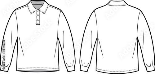 Long-sleeved polo shirt sketch, button placket and cuff detail, front and back view, cad drawing flat vector illustration