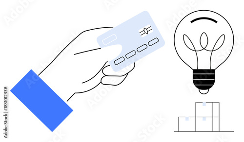 Hand holding a credit card, light bulb symbolizing innovation, stacked boxes for logistics. Ideal for e-commerce, payment, ideas, innovation, business solutions logistics creativity. Simple flat
