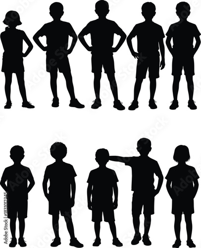 Silhouette children standing, posture comparison, hairstyle variation, black vector kids, human shape design, interaction pose, educational illustration