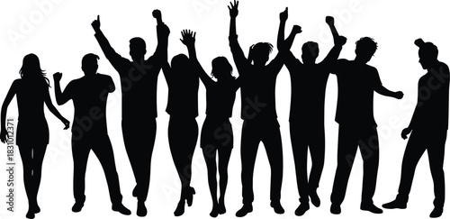 Dancing silhouette group, celebration pose set, black vector people, expressive movement design, party gesture illustration, joyful human shape