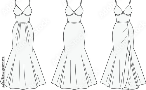 Spaghetti-strap long dress sketch, bust cup and flared hem detail, front fashion view, cad drawing flat vector illustration