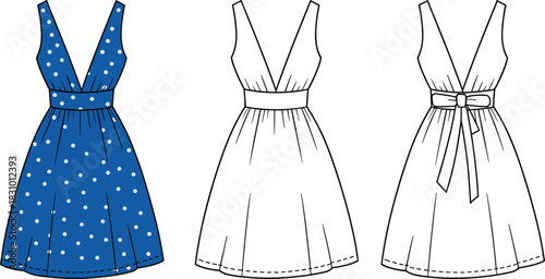 Sleeveless V-neck dress illustration, polka dot and bow detail styles, fashion sketch, vector template, cad drawing flat vector illustration