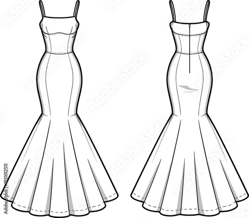 Mermaid dress fashion sketch, sweetheart neckline, flared skirt, panel detail, cad drawing flat vector illustration, front back view