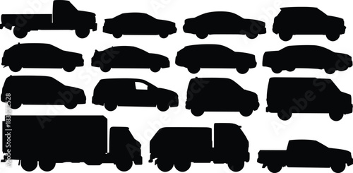 Vehicle silhouettes, car shapes, truck icons, SUV profiles, van outlines, commercial vehicles, black silhouettes, transport graphics, automotive symbols, isolated set