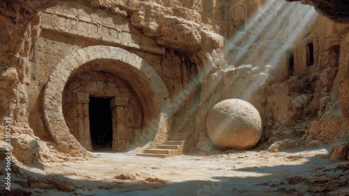 Mysterious Ancient Tomb Entrance with Rolling Stone. Biblical Easter Resurrection Background & Cinematic Adventure Game Environment.
