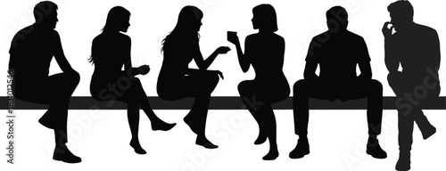 Silhouette people sitting, bench pose set, black vector figures, casual interaction design, body language illustration, social gesture concept
