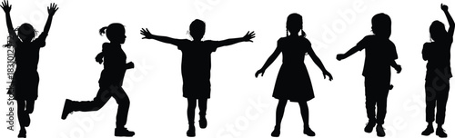 Children silhouette set, playful movement poses, black vector kids, dynamic gesture chart, activity illustration, posture variation design