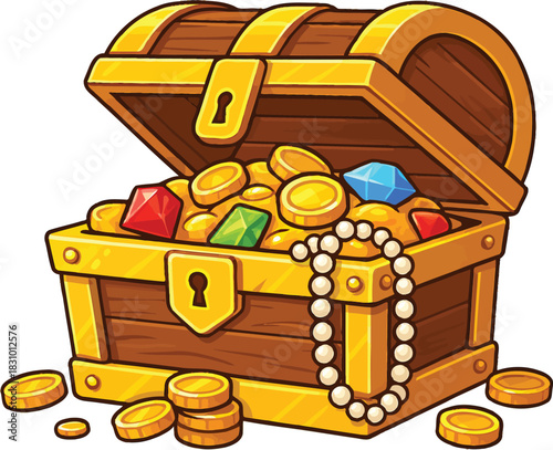 Open wooden treasure chest overflowing with gold coins and colorful gemstones open chest jewels