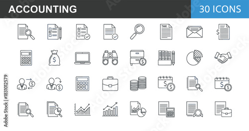 Modern accounting line icons set featuring financial documents, tax forms, bookkeeping tools, money management, analytics charts, business finance and audit symbols