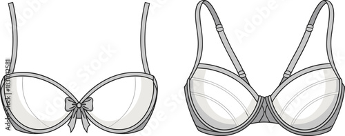 Bra comparison sketch, seamless and structured styles with bow and support detail, front fashion view, cad drawing flat vector illustration