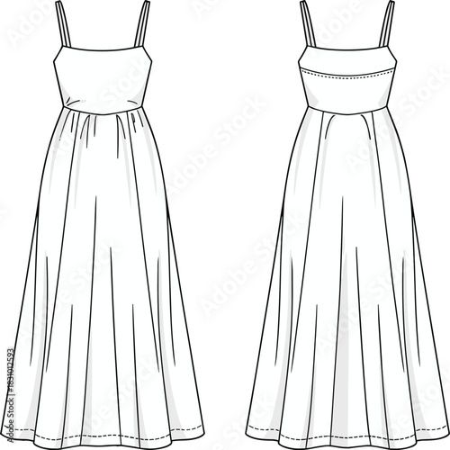 Spaghetti strap pleated dress sketch, front and back fashion view, square neckline detail, cad drawing flat vector illustration