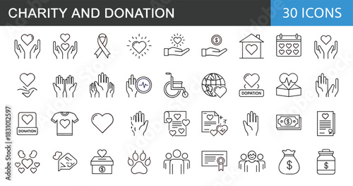 Modern charity and donation line icons set featuring giving hands, fundraising support, heart symbols, volunteer help, humanitarian aid and nonprofit contributions
