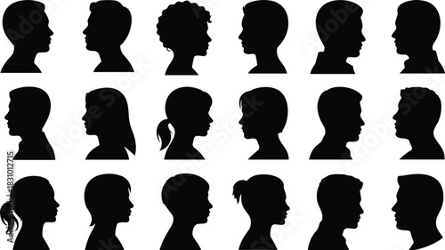 Human head silhouettes, hairstyle profiles, male and female, black side views, diverse hair shapes, isolated icons, identity design set