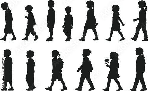 Children walking silhouette set, profile view, black vector kids, posture variation chart, clothing and gesture illustration