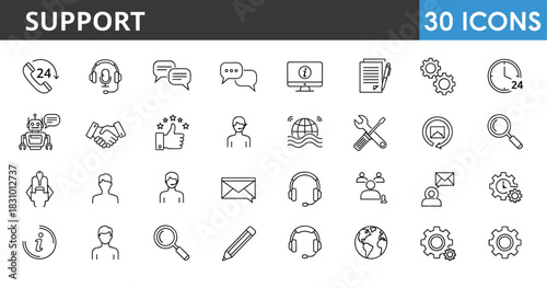 Modern customer support line icons set featuring communication tools, technical assistance, help desk service, call center solutions, feedback management and user support