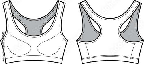Sports bra fashion sketch, racerback style, contour support detail, front and back view, cad drawing flat vector illustration