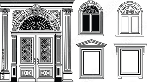 Elegant classical architectural door and window illustrations featuring ornate columns, decorative frames, vintage arch designs, detailed line art and historic building elements