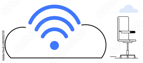Blue wireless signal over a cloud next to a minimalistic office chair. Ideal for remote work, cloud computing, connectivity, digital communication, network systems, technology innovation, simple flat