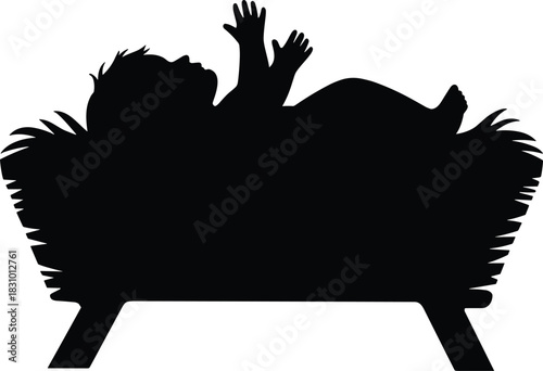 Baby in manger silhouette, nativity icon, Christmas birth, holy child, black outline, straw cradle, religious symbol, newborn pose, festive theme, isolated figure
