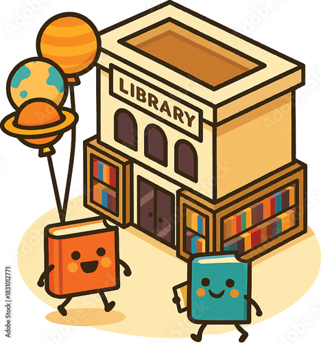 Two anthropomorphic books walking near a library building with planet balloons vector