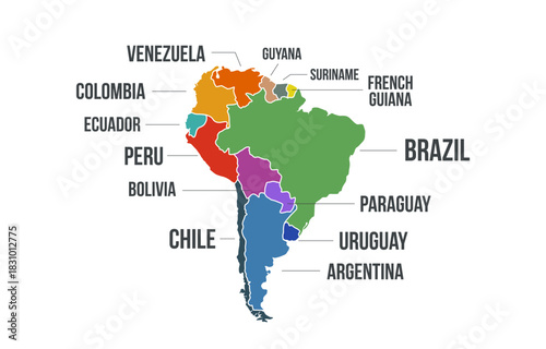 South America map. South America infographic map with countries names. Vector illustration