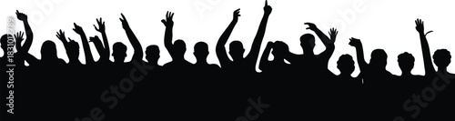 Silhouette crowd with raised hands, black vector people, celebration gesture set, expressive movement design, unity illustration, public gathering concept