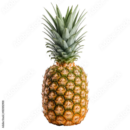 Pineapple With Green Leaves and Yellow Skin on a White Background in Simple D...