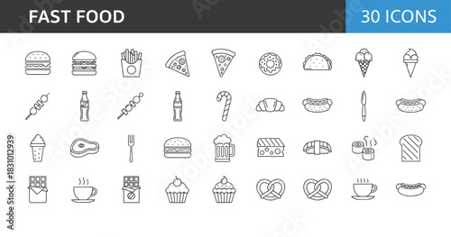 Modern fast food line icons set featuring burgers, snacks, desserts, drinks, bakery items, fried foods, street meals and quick restaurant dishes
