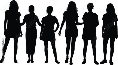 Female silhouette set, standing fashion poses, black vector women, posture variation chart, clothing style illustration, identity shape design