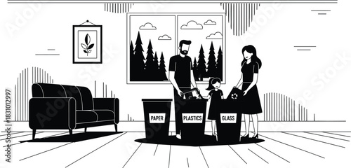 Family recycling waste together at home with paper, plastic and glass bins, promoting eco-friendly habits and environmental responsibility.