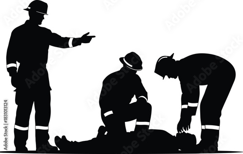 Firefighter rescue team silhouette performing emergency response with injured person first aid, safety training illustration for disaster preparedness and fire department operations