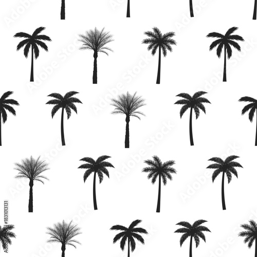 Seamless palm tree silhouette pattern isolated on white background. Design for wallpaper backgrounds or textile prints. Vector illustration.