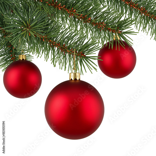Red Ornaments Hanging on Green Pine Branches for Holiday Decorations