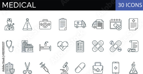Modern medical line icons set featuring healthcare tools, hospital equipment, emergency services, medicine symbols, diagnosis elements and clinical treatment illustrations