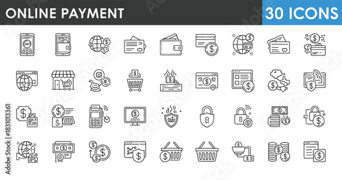 Modern online payment line icons set featuring digital transactions, mobile banking, secure checkout, e-commerce shopping, global currency exchange and financial technology tools