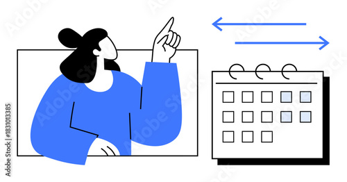 Woman pointing upward towards arrows and a calendar with a grid layout. Ideal for time management, scheduling, planning, deadlines, strategy, organization, reminders. Simple flat metaphor