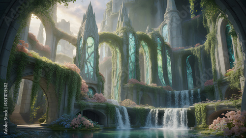 A magical pathway winding through an
ancient, overgrown garden. Cascading pink wisteria and ivy drape over stone archways, leading towards a soft, ethereal light in the distance. Lush greenery, vibran