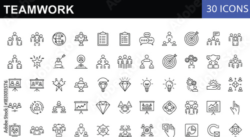 Modern teamwork line icons set featuring collaboration, leadership, communication, group success, brainstorming, goal achievement, management skills and organizational development symbols