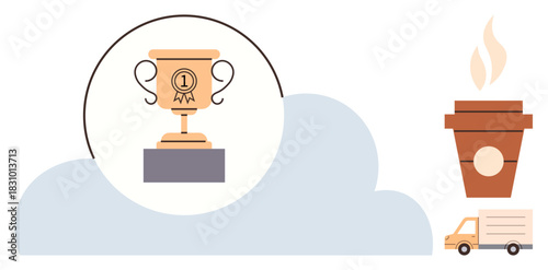 Trophy on a pedestal symbolizing achievement, takeaway coffee cup, and delivery truck with clouds. Ideal for success, productivity, victory, recognition, convenience, motivation teamwork simple