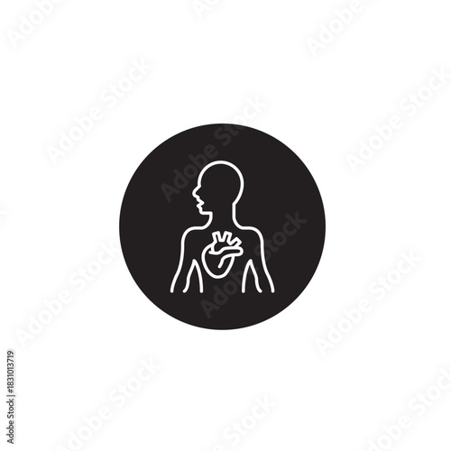 Modern minimalist icon of human body with heart symbolizing health, vitality, and wellness in sleek black and white for medical design projects